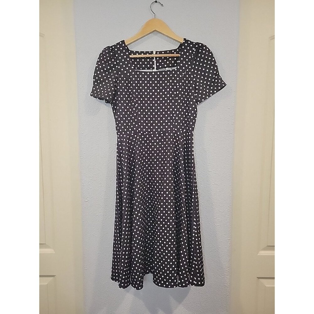 NEW 50s Square Neck A-line Polka Dot Rockabilly Swing Cocktail Dress Small Black